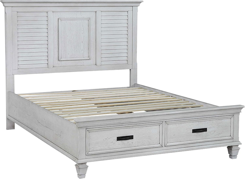 Coaster Home Furnishings Franco Farmhouse 4-Piece Bedroom Set Queen Size Storage Panel Bed Frame 57-inch Headboard Distressed White 205330Q-S4