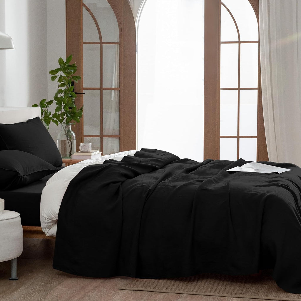 EVERLY Linen Sheets Set Queen Size,100% French Stonewash Pure Linen Sheets Set,4Pieces (1Flat Sheet,1Fitted Sheet,2Pillowcase) Suitable for Hot Sleepers,Deep Pocket Natural Bedding Set-Black
