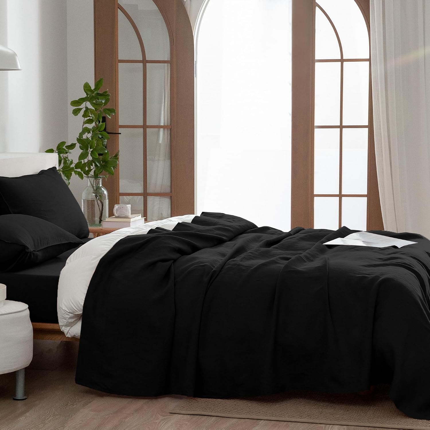 EVERLY Linen Sheets Set Queen Size,100% French Stonewash Pure Linen Sheets Set,4Pieces (1Flat Sheet,1Fitted Sheet,2Pillowcase) Suitable for Hot Sleepers,Deep Pocket Natural Bedding Set-Black