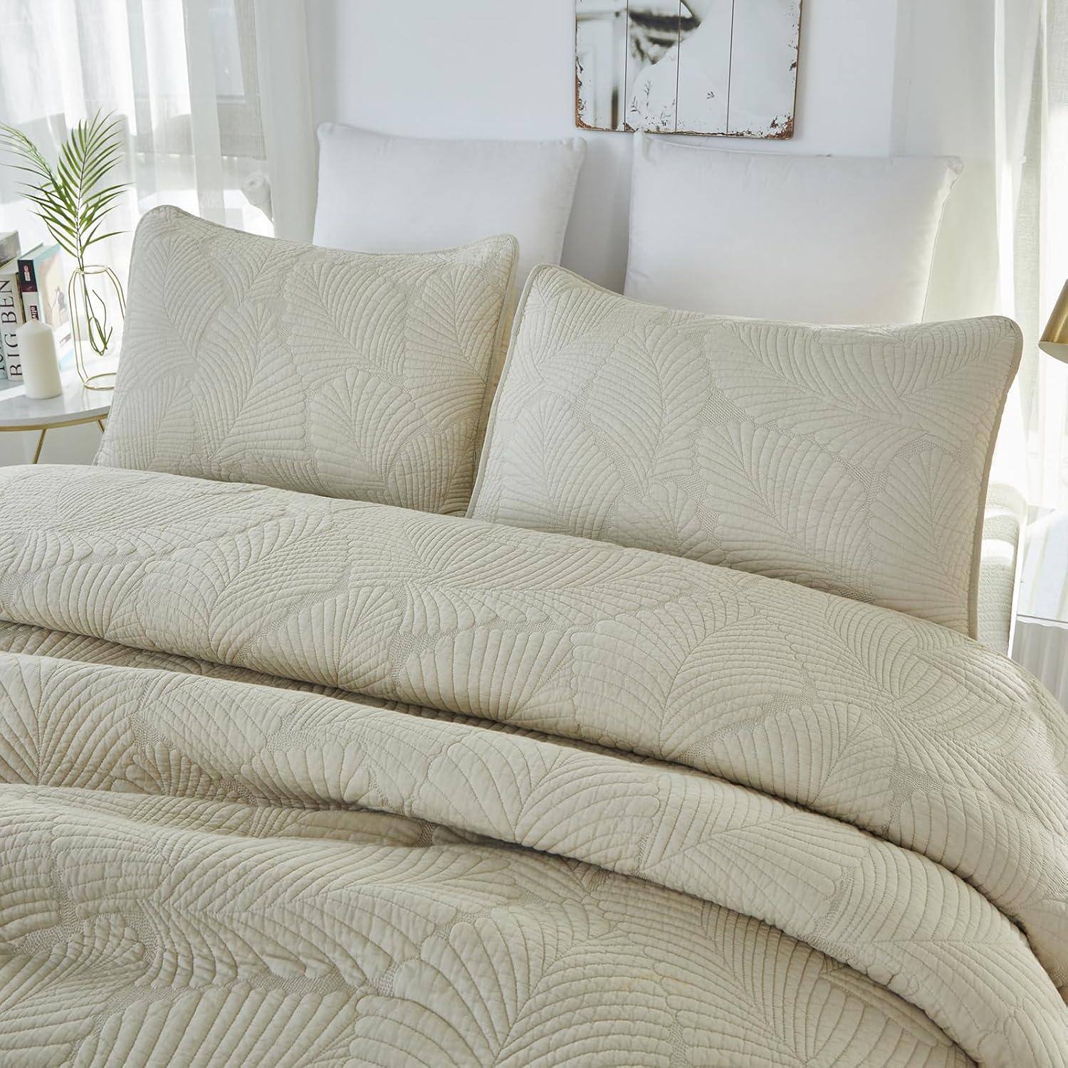 Brandream Beige Palm Stitch Quilt Set 100% Cotton King Size Luxury Embroidered Palm Leaf Bedding, Premium Hand-Stitched Tropical Quilt Set 3-Piece