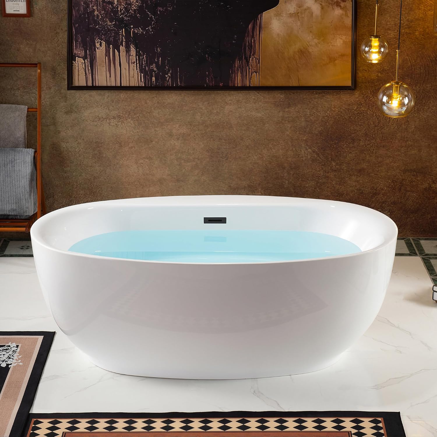 WOODBRIDGE 66' Acrylic Freestanding Bathtub Contemporary Soaking White Tub with Matte Black Overflow and Drain，B0027-MB