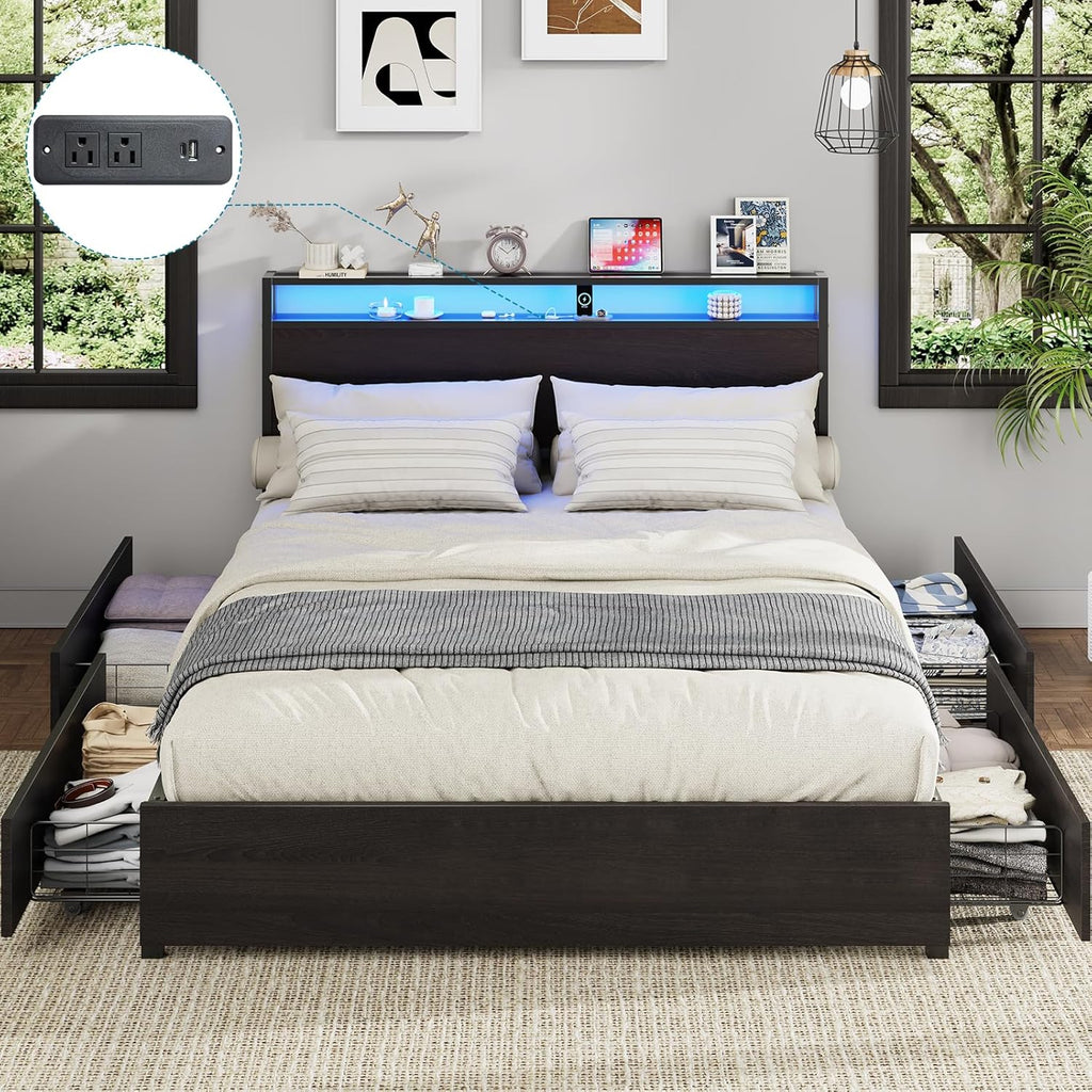 Kiivakii Queen Size Bed Frame with Headboard, LED Platform Bed with 4 Storage Drawers, Built in Charging Station, Noise-Free, Metal Support Base, No Box Spring Needed, Black