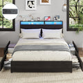 Kiivakii Queen Size Bed Frame with Headboard, LED Platform Bed with 4 Storage Drawers, Built in Charging Station, Noise-Free, Metal Support Base, No Box Spring Needed, Black