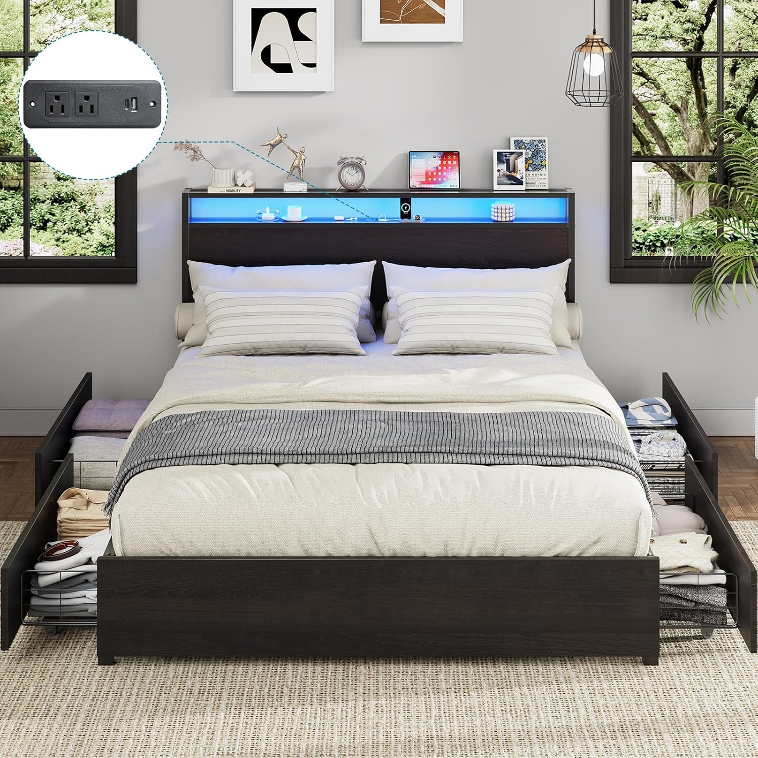 Kiivakii Queen Size Bed Frame with Headboard, LED Platform Bed with 4 Storage Drawers, Built in Charging Station, Noise-Free, Metal Support Base, No Box Spring Needed, Black