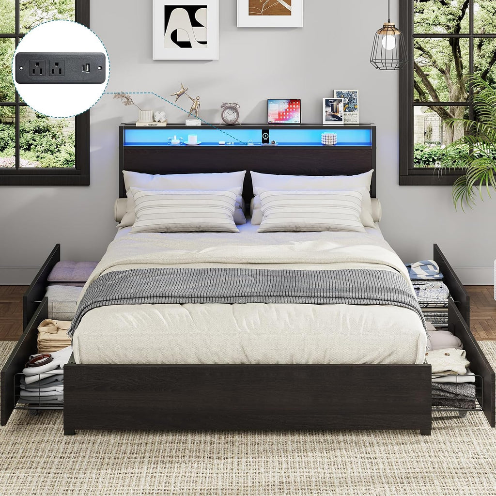 Kiivakii Queen Size Bed Frame with 4 Storage Drawers, LED Platform Bed with Headboard, Built in Charging Station, Noise Free, Metal Support Base, No Box Spring Needed, Black