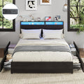 Kiivakii Queen Size Bed Frame with 4 Storage Drawers, LED Platform Bed with Headboard, Built in Charging Station, Noise Free, Metal Support Base, No Box Spring Needed, Black