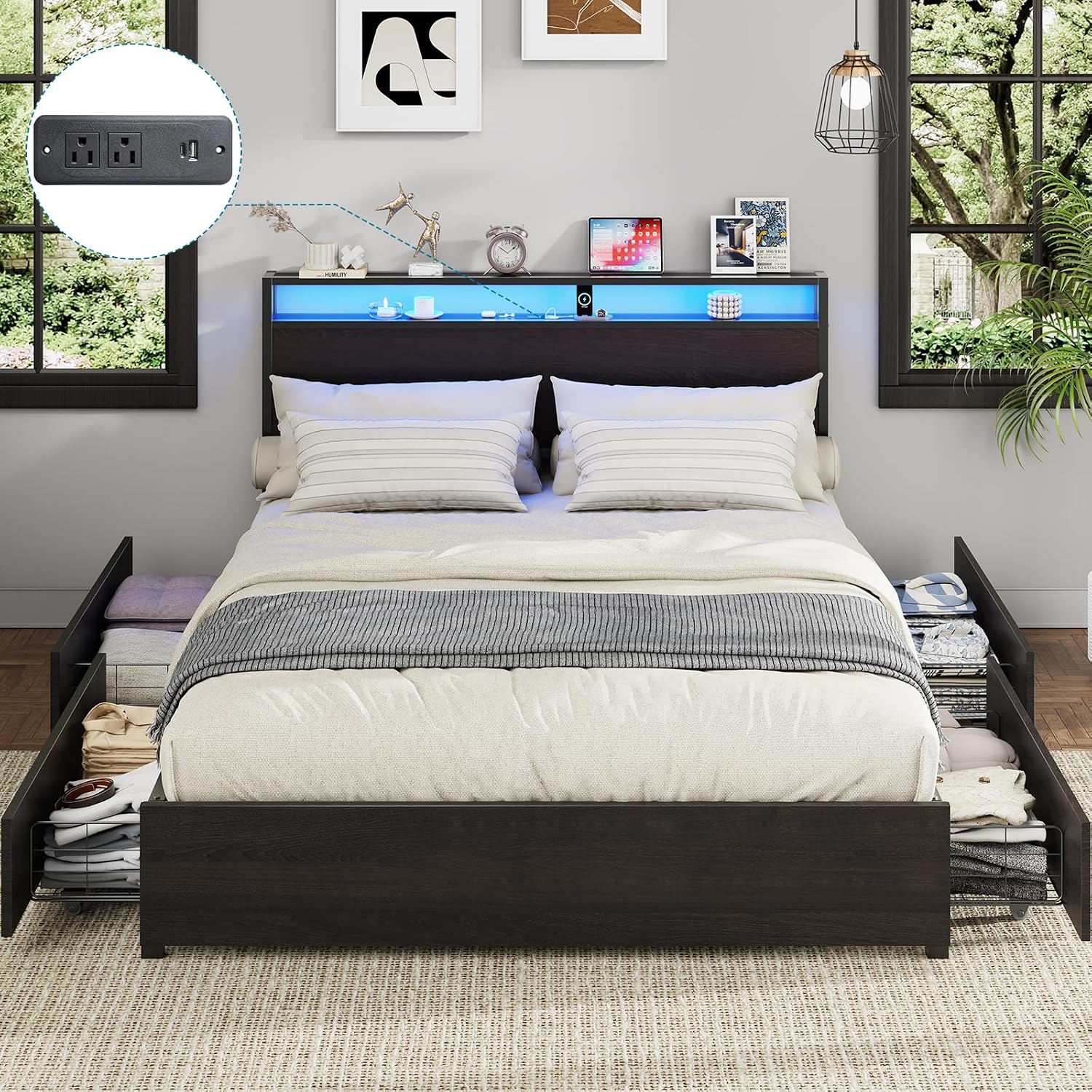 Kiivakii Queen Size Bed Frame with 4 Storage Drawers, LED Platform Bed with Headboard, Built in Charging Station, Noise Free, Metal Support Base, No Box Spring Needed, Black
