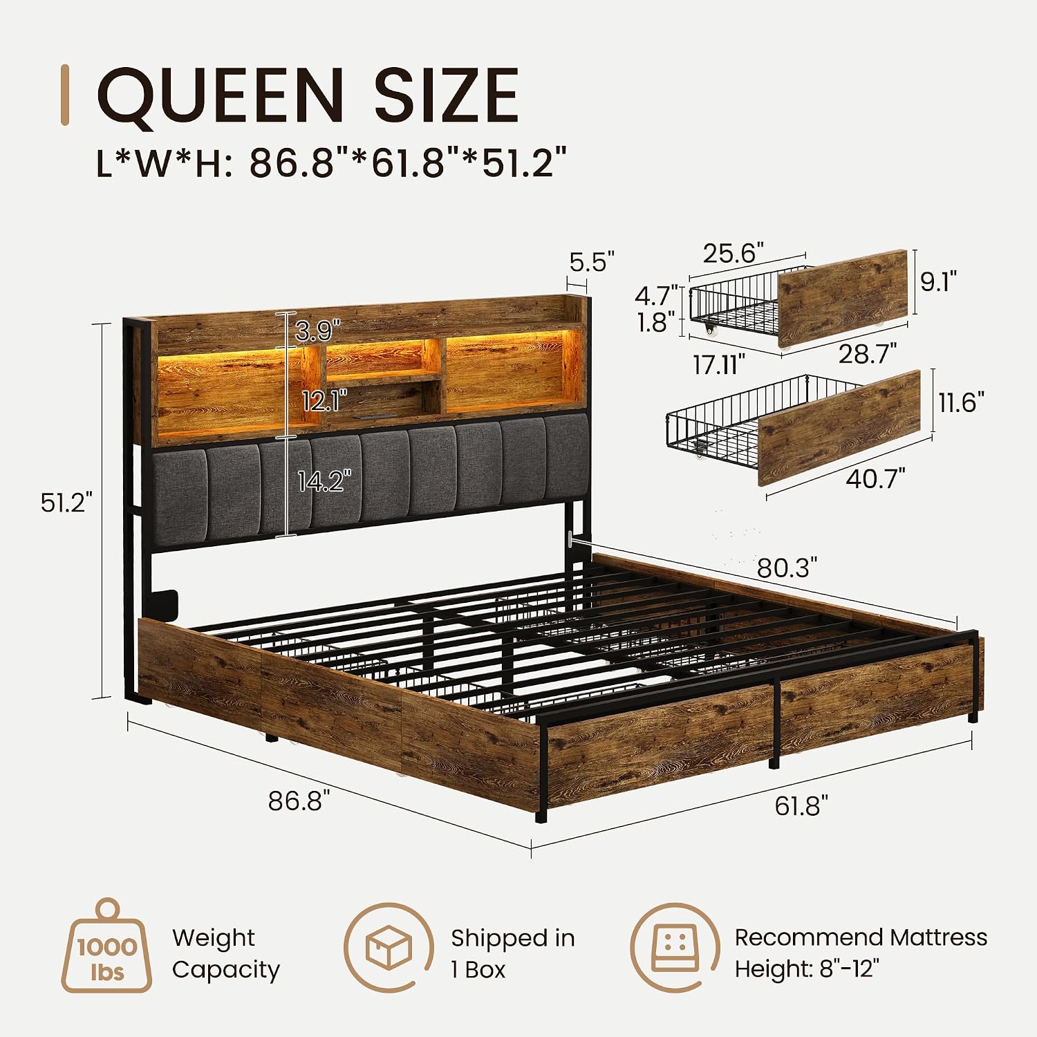 BRELTAM Queen Bed Frame with 6 Storage Drawers, Linen Upholstered Headboard, Built-in USB Charging Station & LED Lighting, Silent Metal Support, No Box Spring Needed, Vintage Brown
