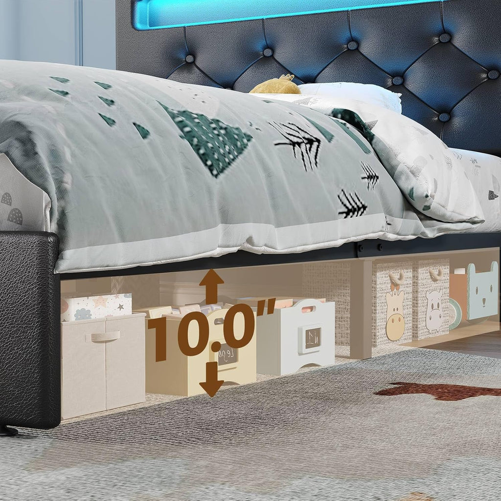 Rolanstar Twin Bed Frame with Charging Station, LED Bed with Under Bed Storage, Adjustable Headboard 38.9/40.8 Inches, No Box Spring Needed, Noise Free, Easy Assembly, Black