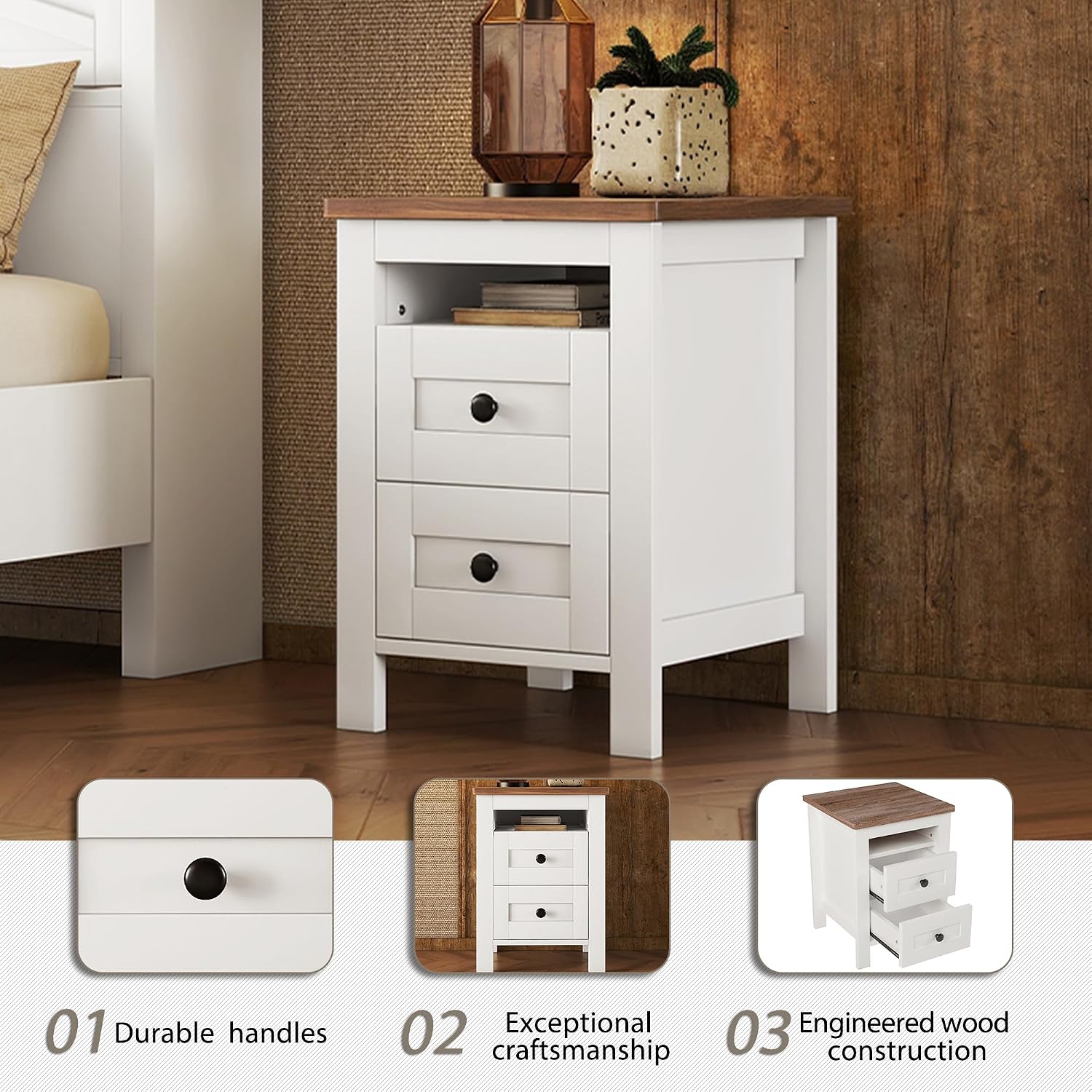 3-Pieces Bedroom Sets, Queen Size Farmhouse Platform Bed with Cabinet and Nightstand, Wood Bedroom Furniture Set with Storage Headboard, No Box Spring Needed (White+Brown/78)