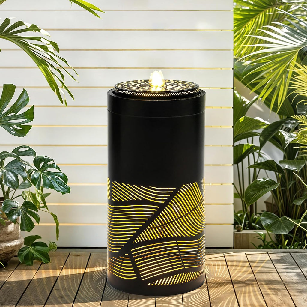 23.75 Inch Modern Outdoor Water Fountain with LED Lights, Black Geometric Bird Bath Garden Fountain for Patio, Yard, Porch Decor, Soothing Waterfall for Relaxing Ambiance, 23.75' H-Jet Black