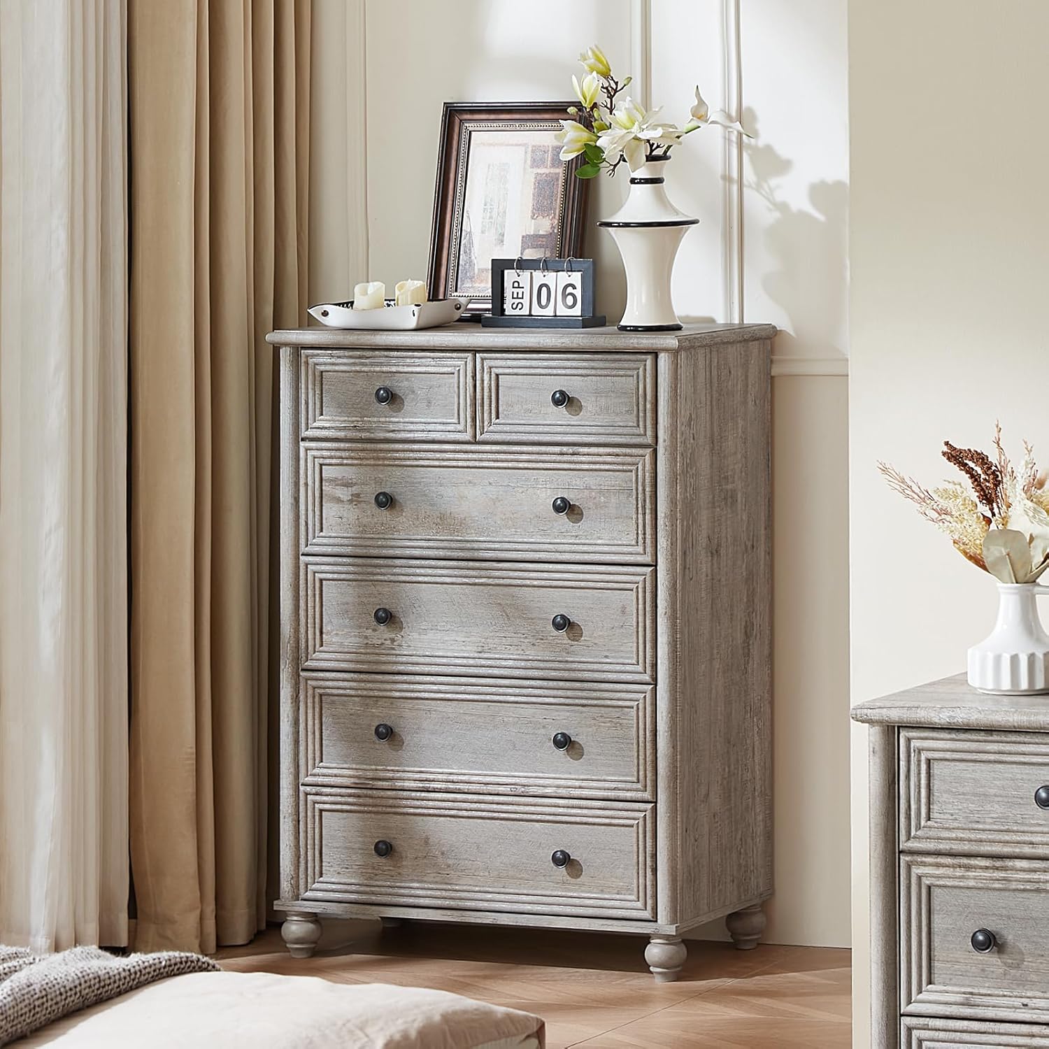 RWYHG Farmhouse 6 Drawer Dresser Set of 2, Chest of Drawers for Bedroom, 43.5' Tall Grey Dresser with Roman Column, Rustic Wood Storage Dressers Organizer for Living Room, Hallway, Closet