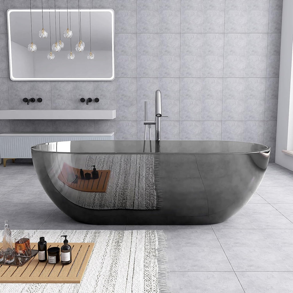 69'' Grey Freestanding Tubs Bathtub Solid Surface Resin Stone Bathtubs soaker Tubs Oval Shaped Matte Luxury Modern Soaking Tub with Overflow and Pop-up Drain