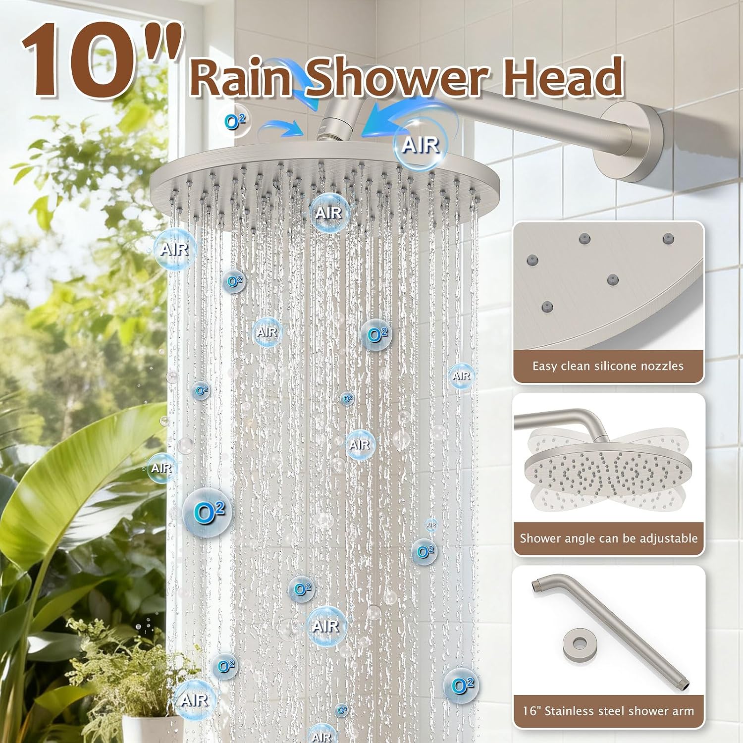 Iriber Brushed Nickel Round Rain Shower System Faucet Set，Bathroom Filtered Shower Head with Handheld, 9 Spray Mode Showerhead with Filters,Shower Valve Trim Kit Contain Cartridge,10 Inch