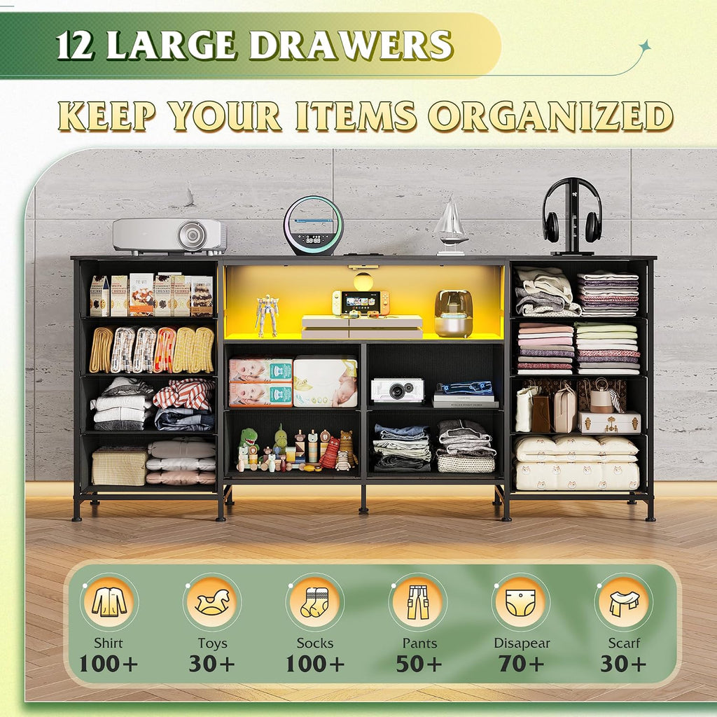 WLIVE 12 Drawer Dresser for Bedroom, Black Dresser TV Stand for 65, 70, 75 inch TV with Led Light & Charging Station, Wide Chest of Drawers with Open Shelves, Fabric Dressers for Closet, Living Room