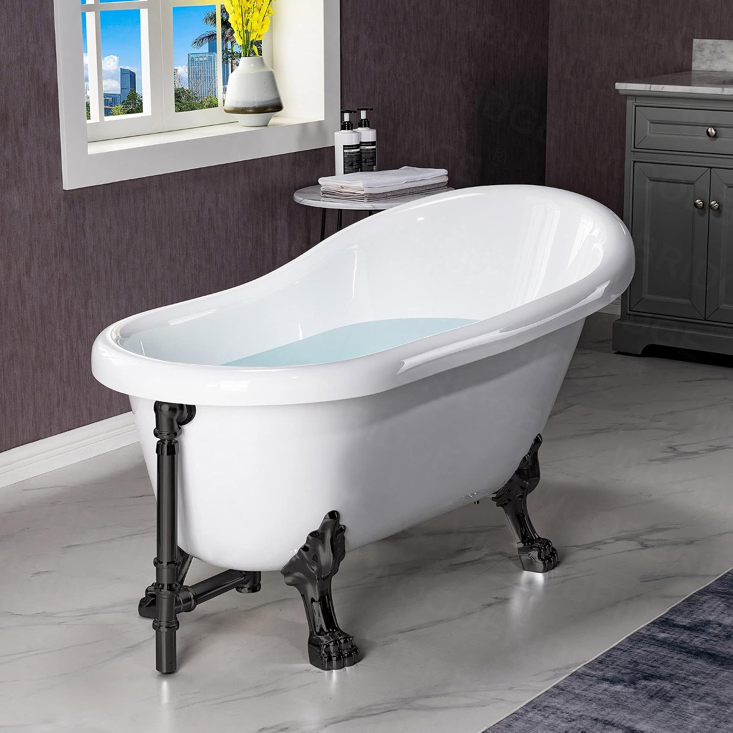 WOODBRIDGE 54' Heavy Duty Acrylic Slipper Clawfoot Bath Tub with Matte Black Feet & Matte Black Drain &Overflow
