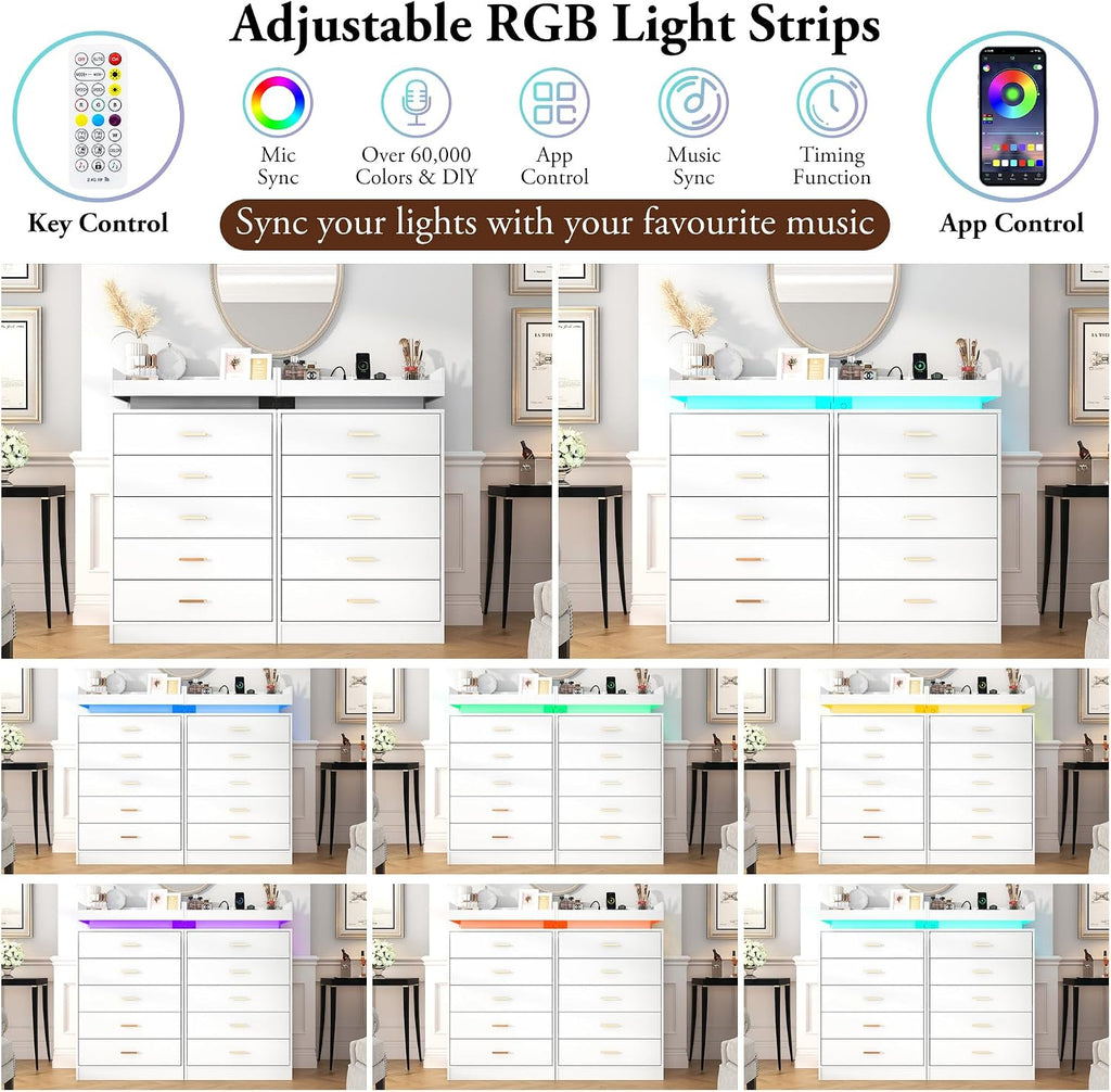 Hlivelood 5 Drawer Dresser with LED Light and Charging Station, Modern Chest of Drawers for Closet, Wide Drawer Organizer Cabinet, Living Room, Entryway, Hallway, White
