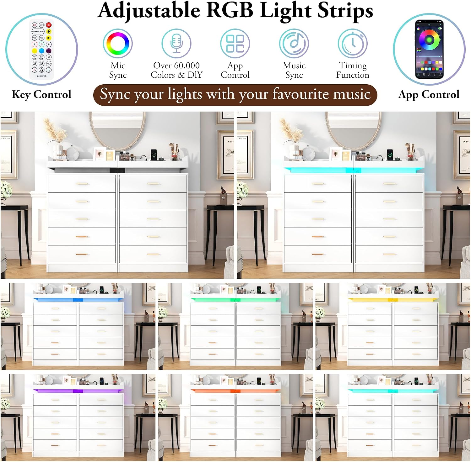 Hlivelood 5 Drawer Dresser with LED Light and Charging Station, Modern Chest of Drawers for Closet, Wide Drawer Organizer Cabinet, Living Room, Entryway, Hallway, White