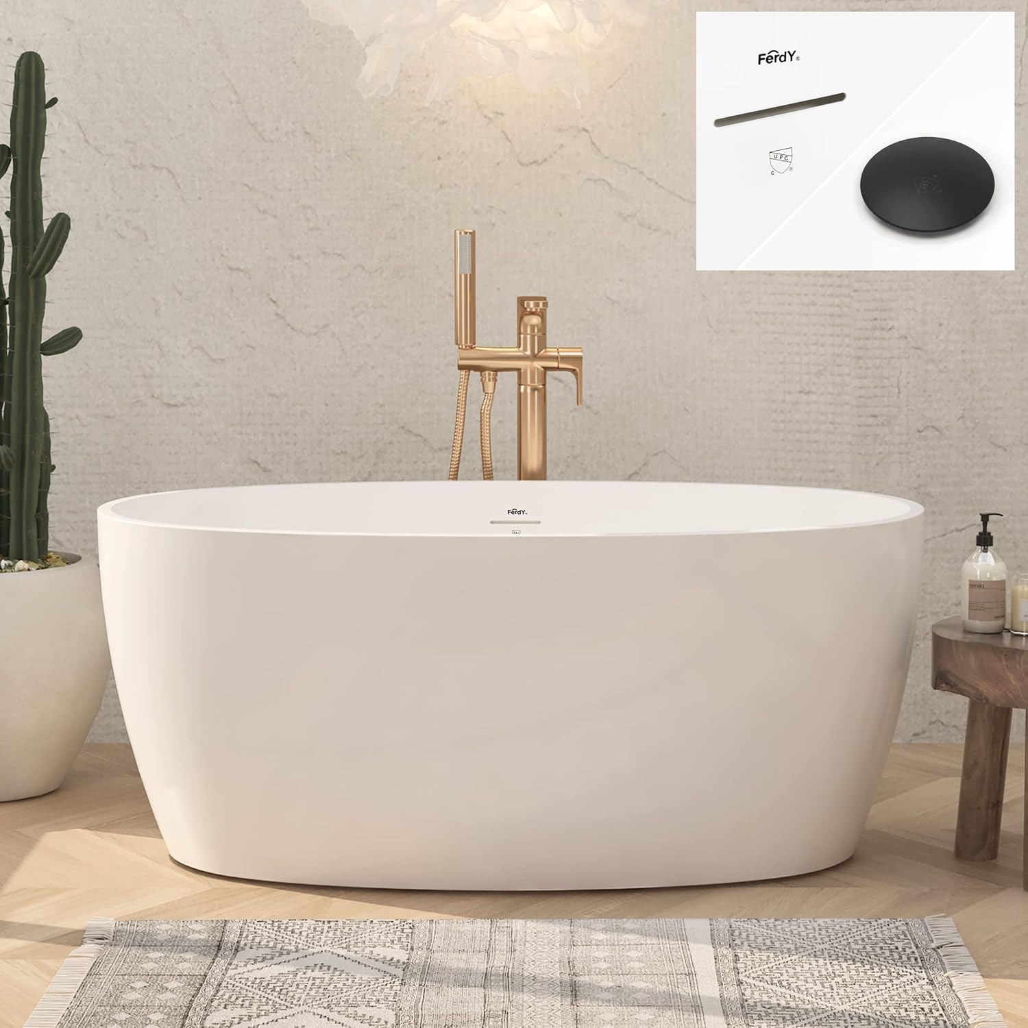 FerdY Tahiti 55' Acrylic Freestanding Bathtub, Elegant Oval Shape Soaking Bathtub, Glossy White, Matte Black Drain & Integrated Slotted Overflow Assembly Included cUPC Certified