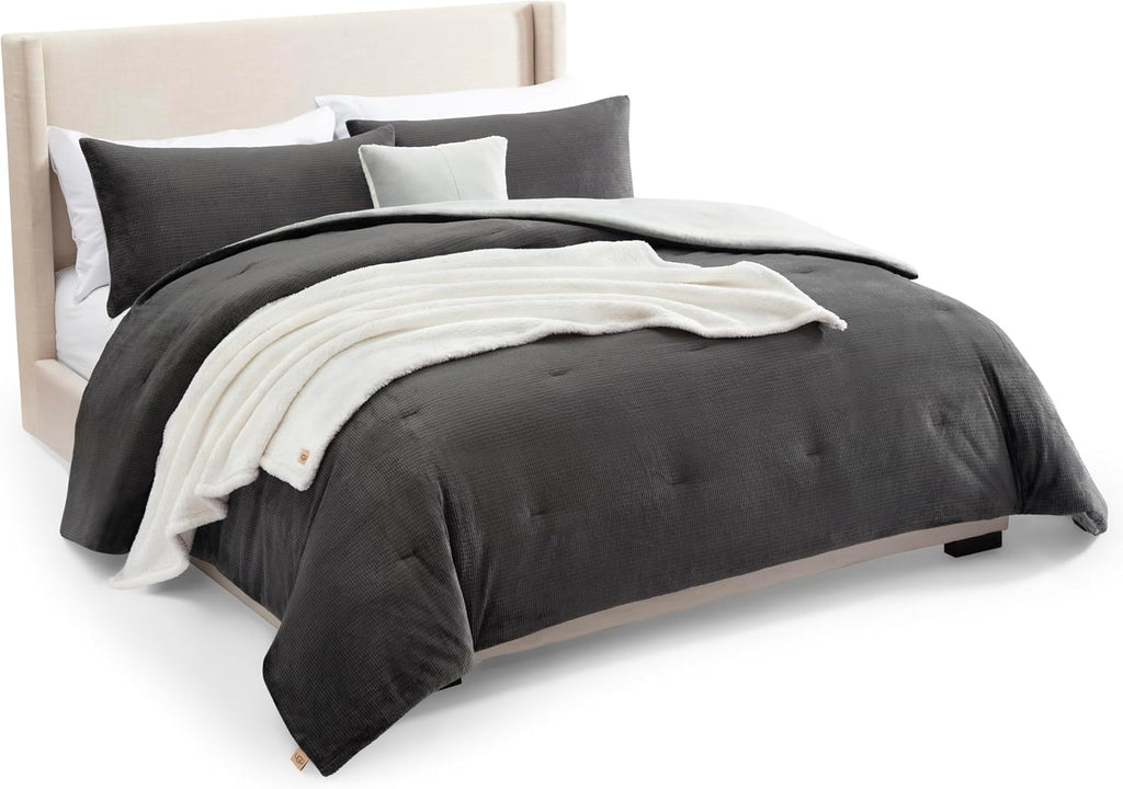 UGG Remina Comforter Set 5 Piece Bed in a Bag with Throw Blanket, Decorative Pillow, Shams, and Reversible Comforter Hypoallergenic Washable Luxury Plush Warm Fluffy Bedding Set, King, Charcoal Grey