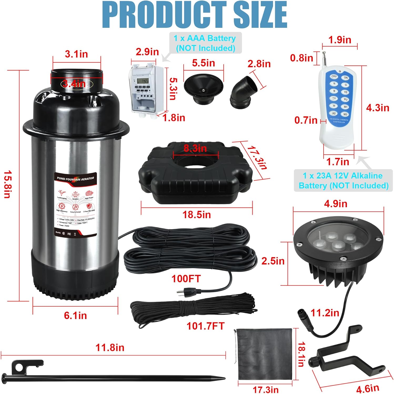 Goldlife Pond Fountain Aerator, F3 With 4 RGB Lights, 1HP 750W 110V Stainless Steel Floating Fountain With 100FT Power Cord Black Octagon Aerating Fountain Pump for Small Large Pond Lake Pool FishFarm