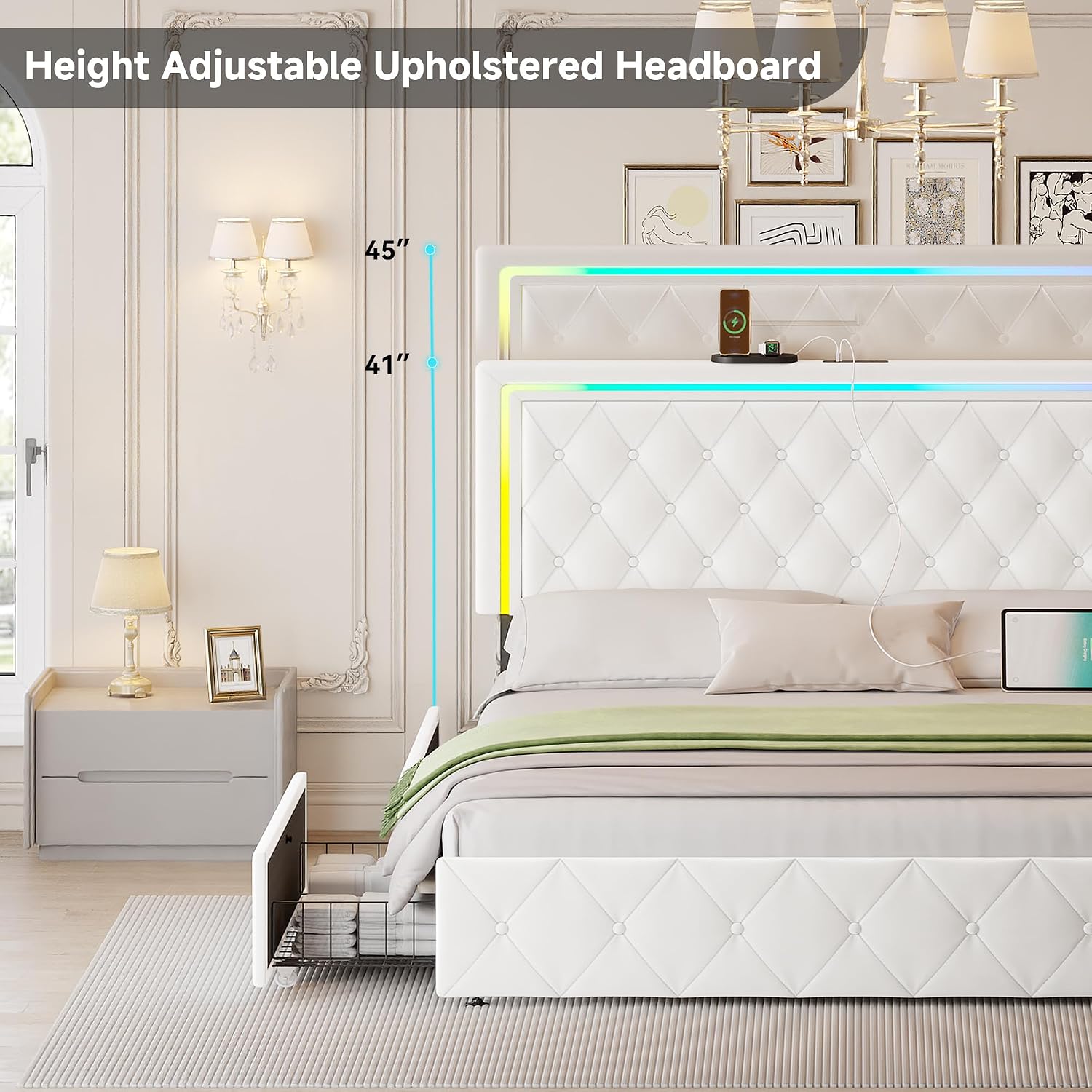 LED Full Bed Frame with 4 Storage Drawers and Adjustable Headboard, Modern Velvet Upholstered Platform Bed Frame Full Size with Charging Station, Wooden Slats Support, No Box Spring Needed, White