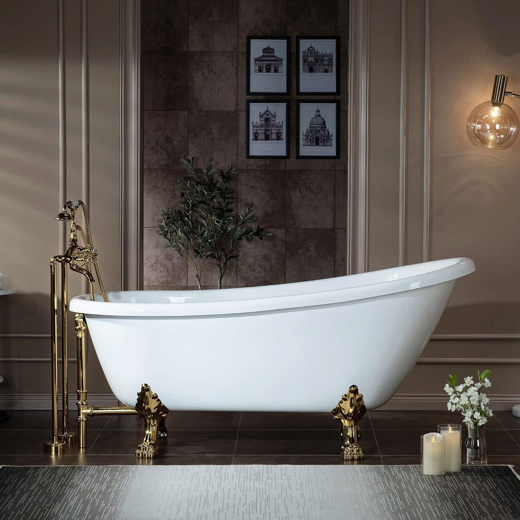 WOODBRIDGE All Inclusive Package 67' Heavy Duty Acrylic Slipper Clawfoot Bath Tub with Polished Gold Feet+Polished Gold Drain &Overflow +PG Faucet