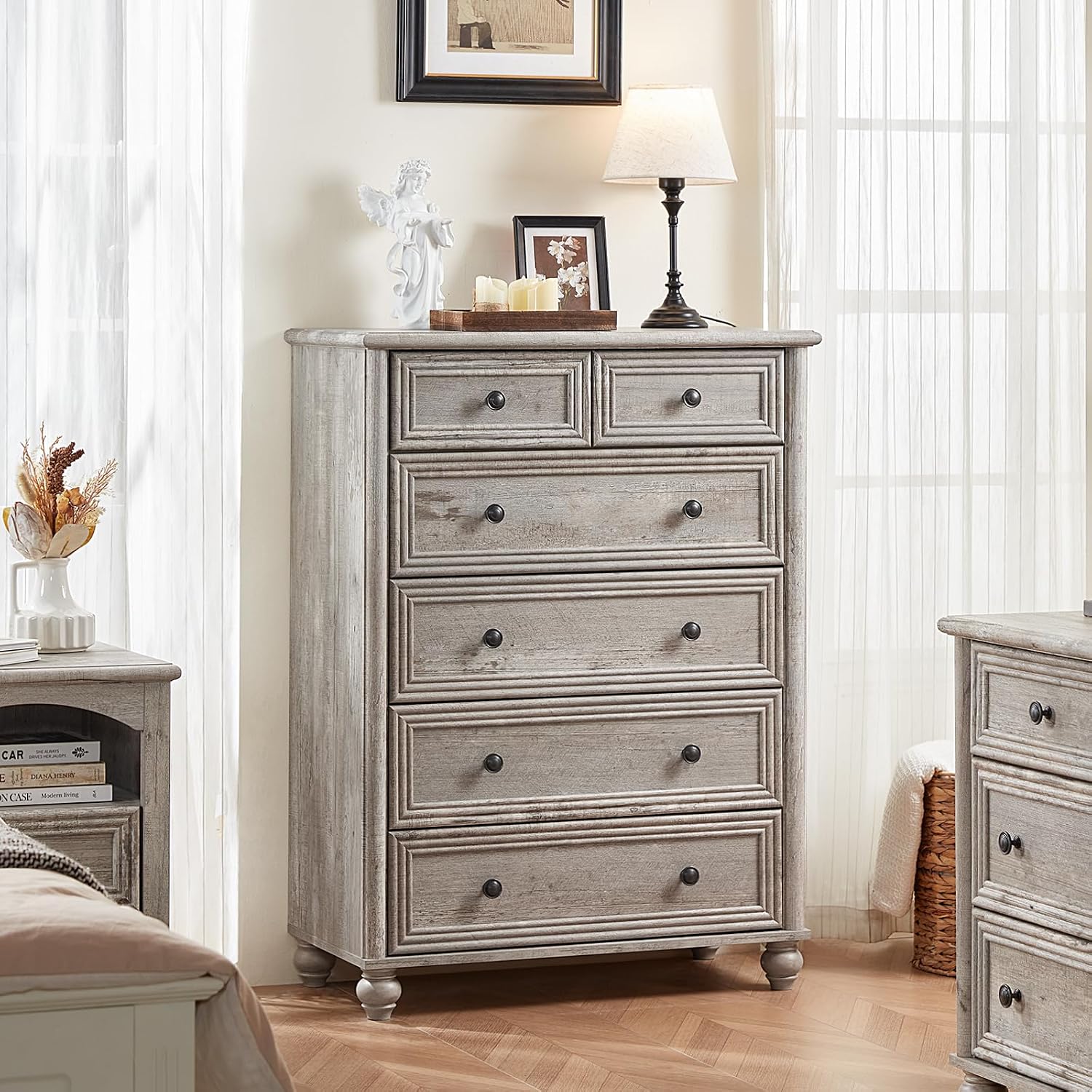 RWYHG Farmhouse 6 Drawer Dresser Set of 2, Chest of Drawers for Bedroom, 43.5' Tall Grey Dresser with Roman Column, Rustic Wood Storage Dressers Organizer for Living Room, Hallway, Closet