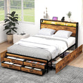 Zevemomo Full Size Bed Frame with 8 Storage Drawers, Full Platform Bed with Headboard, Charging Station, LED Light, Noise-Free Design, No Box Spring Required, Brown