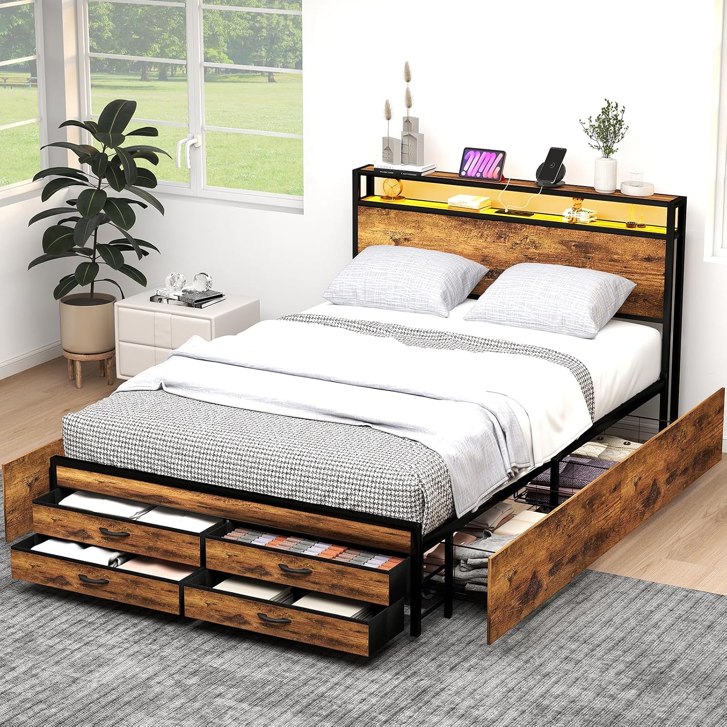 Zevemomo Full Size Bed Frame with 8 Storage Drawers, Full Platform Bed with Headboard, Charging Station, LED Light, Noise-Free Design, No Box Spring Required, Brown