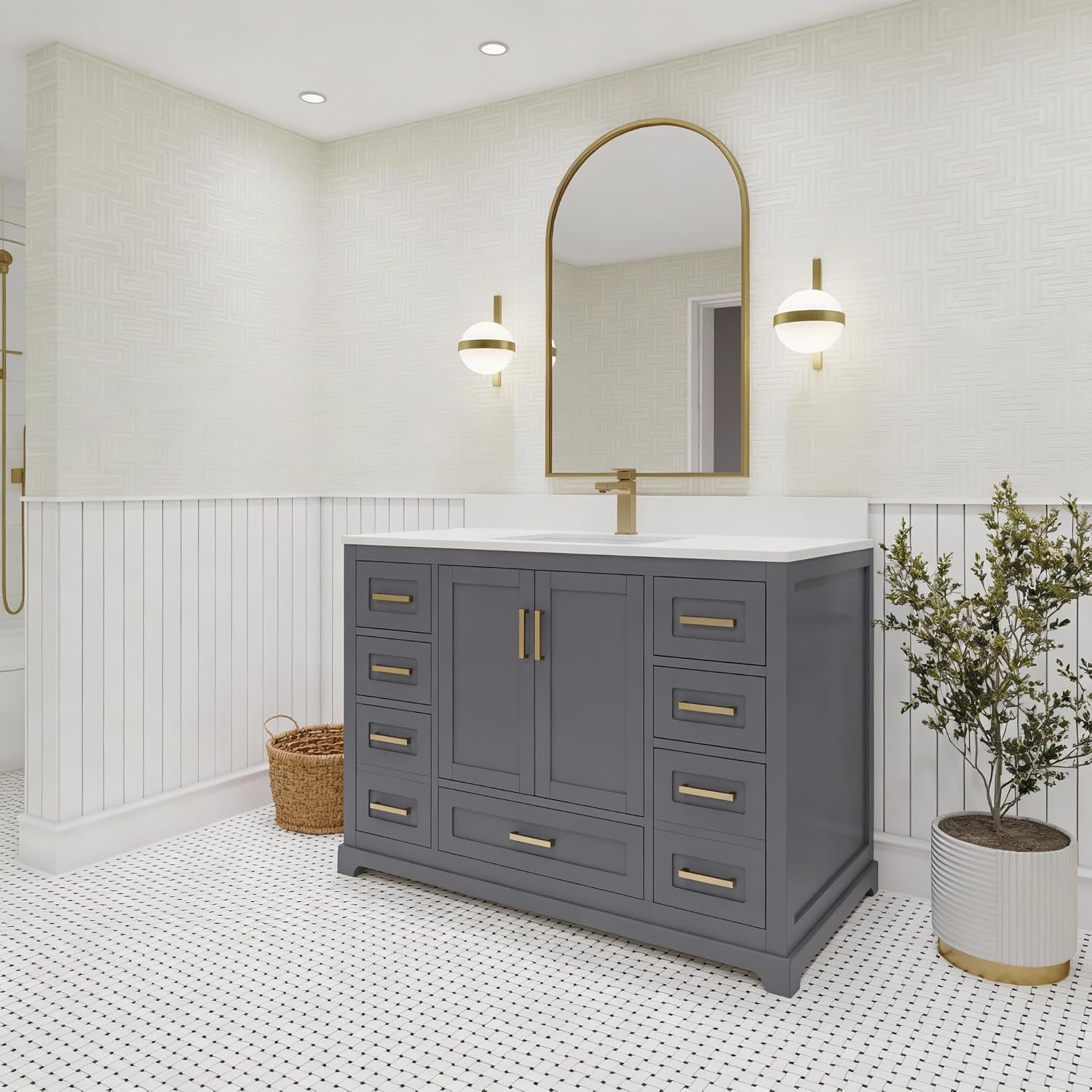 Ayna Decors Maya 48 Inch Single Vanity with Sink and Quartz Countertop in Charcoal Grey, Freestanding Bathroom Vanities with Soft Close Doors and Drawers - Brushed Gold Hardware