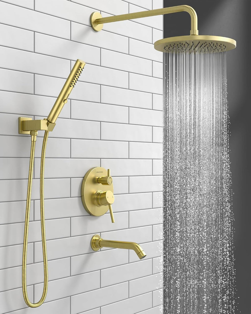 Lava Odoro Modern 3-Setting Round Rain Bathtub and Shower Faucet Set, Gold Rainfall Shower Head and Handle Set, Rain Shower System with Tub Spout, Shower Valve Trim Kit, Brushed Gold, SF104-SG-T