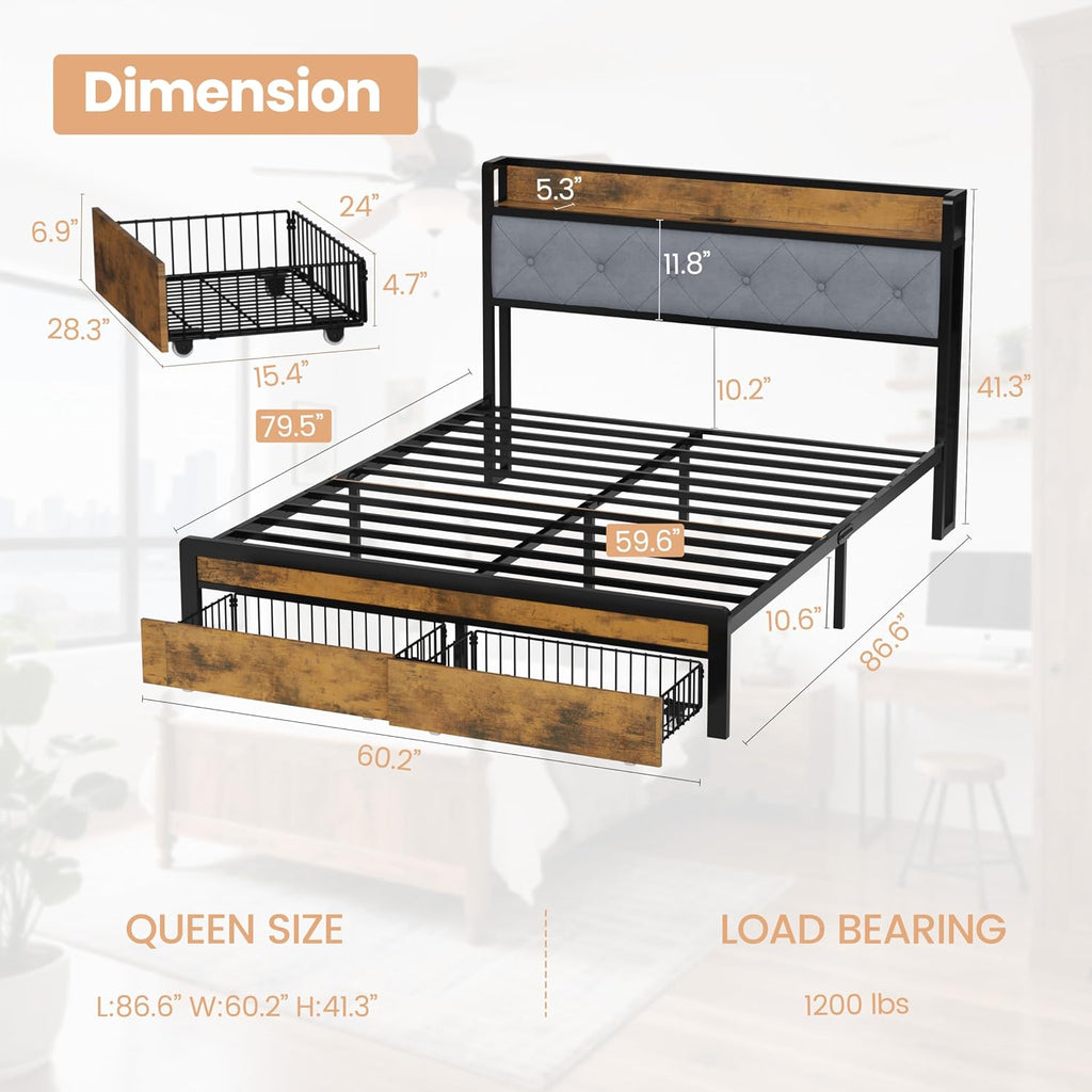 Queen Size Bed Frame with 2 Storage Drawers and LED Lights, Upholstered Headboard with Storage Shelf and Charging Station, Metal Platform Bed Frame Queen Size, Noise Free, No Box Spring Needed