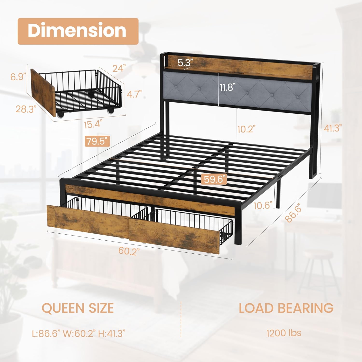 Queen Size Bed Frame with 2 Storage Drawers and LED Lights, Upholstered Headboard with Storage Shelf and Charging Station, Metal Platform Bed Frame Queen Size, Noise Free, No Box Spring Needed