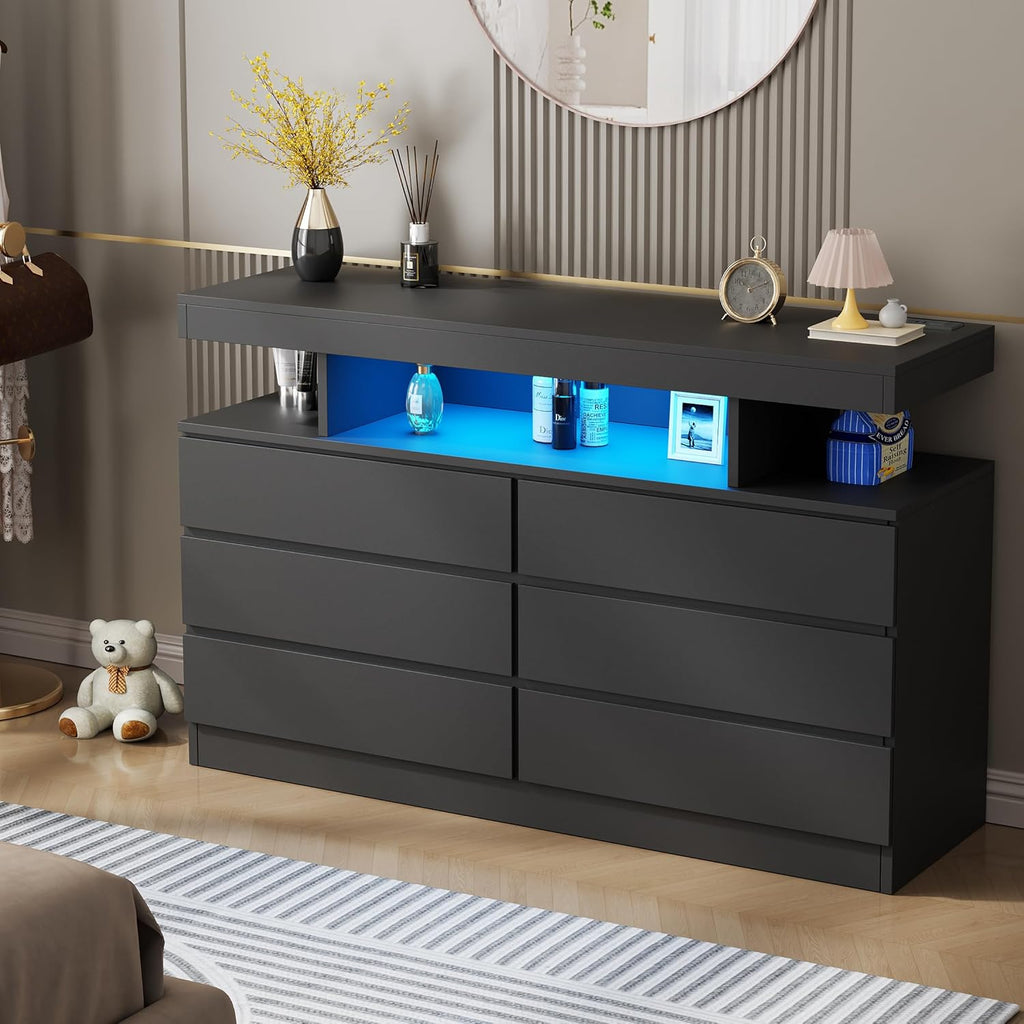 BEWISHOME Black Dresser for Bedroom with Charging Station and LED Lights, 6 Drawer Dresser Chests of Drawers, Wood Dressers for Closet, Modern Wide Dressers with Open Space, TV Stand, Black KCG02B
