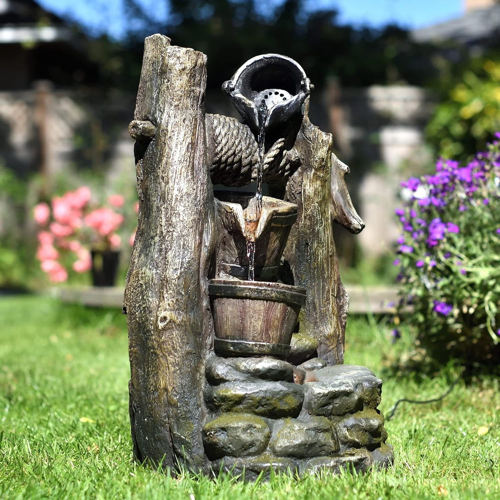 Litedeer Mystic Vintage Buckets Water Fountain with Auto-Pump and Built-in LED Lights 3 Tier Cascading Fountain Indoor Water Fountain Floor Fountain (Model: DGF-161140) 20' Tall Gray