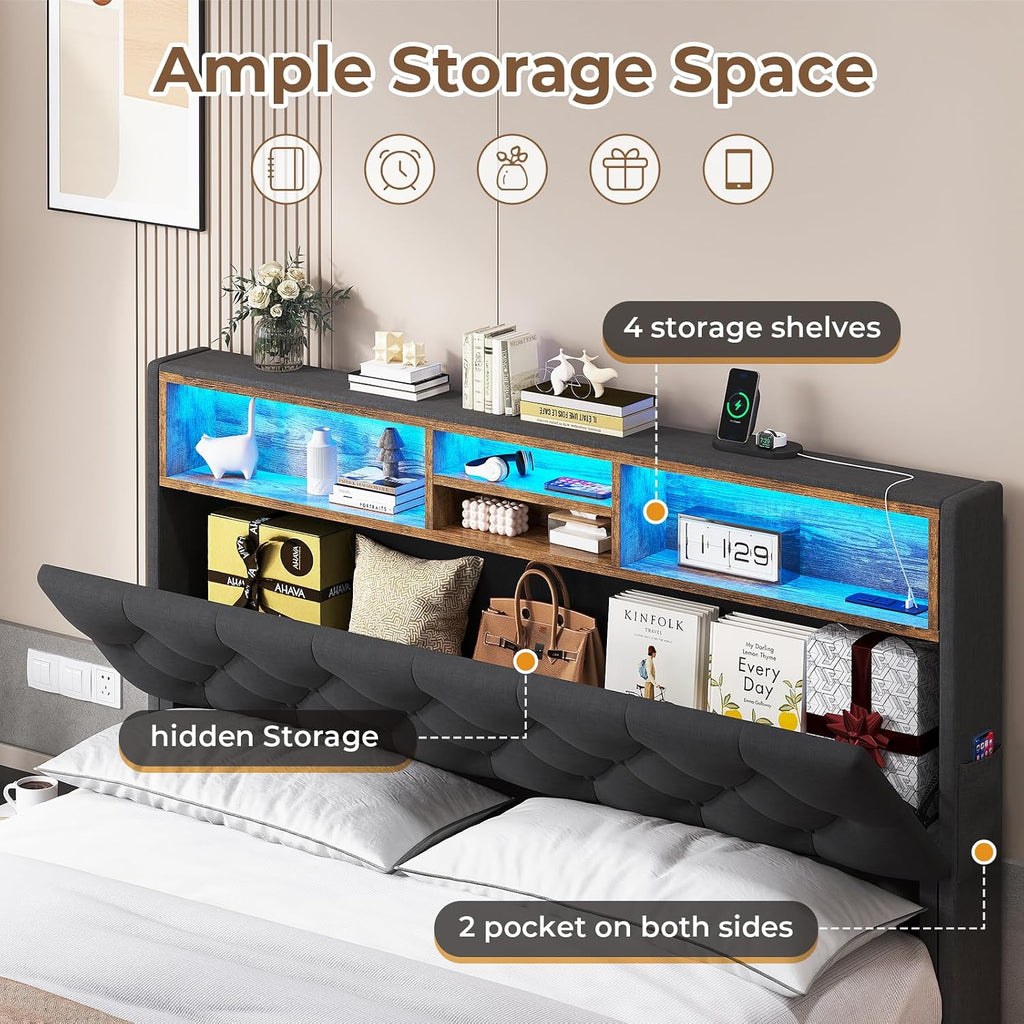 HAUOMS Full Size Bed Frame with Hidden Storage Headboard and 4 Drawers, Upholstered Platform Bed Full with LED Lights & Charging Station, No Box Spring Needed, Noise-Free, Dark Grey
