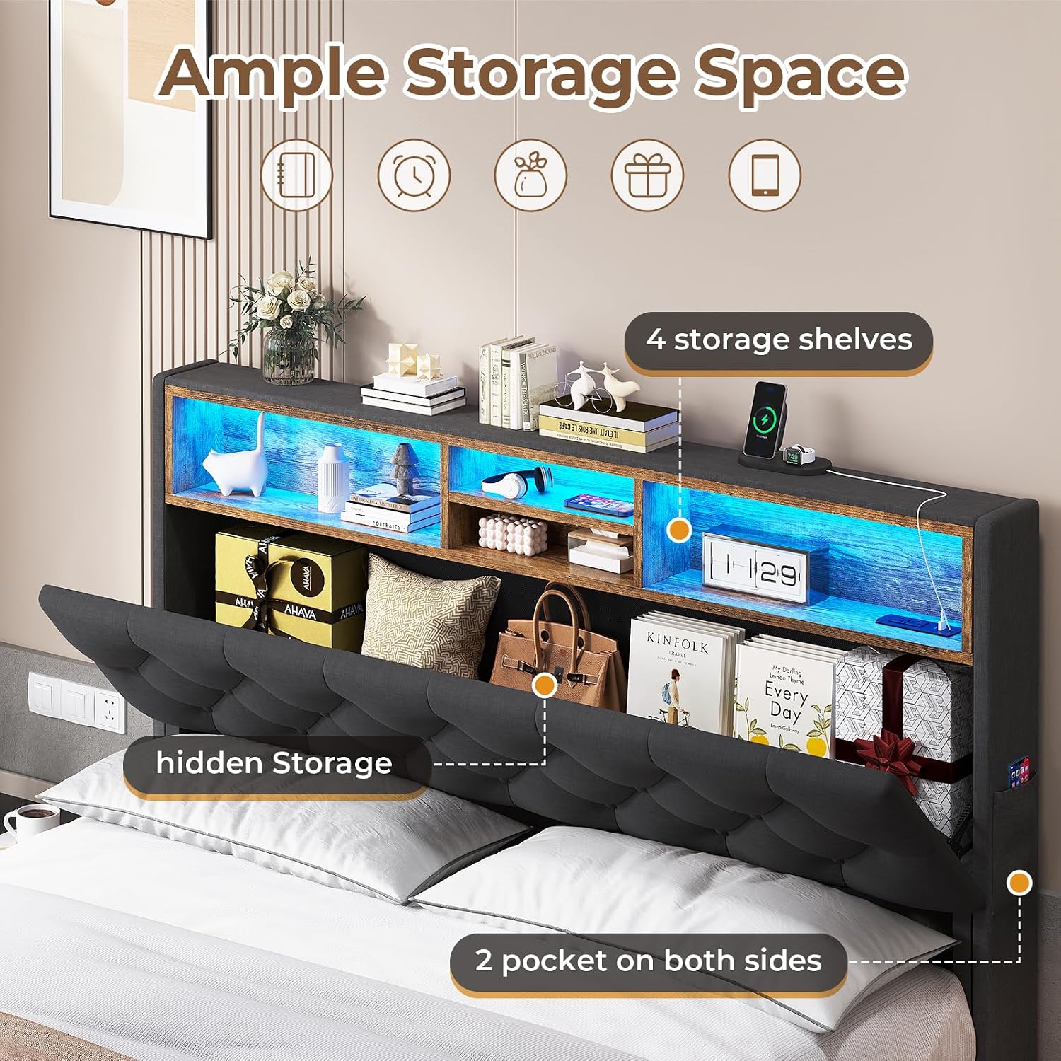 HAUOMS Full Size Bed Frame with Hidden Storage Headboard and 4 Drawers, Upholstered Platform Bed Full with LED Lights & Charging Station, No Box Spring Needed, Noise-Free, Dark Grey