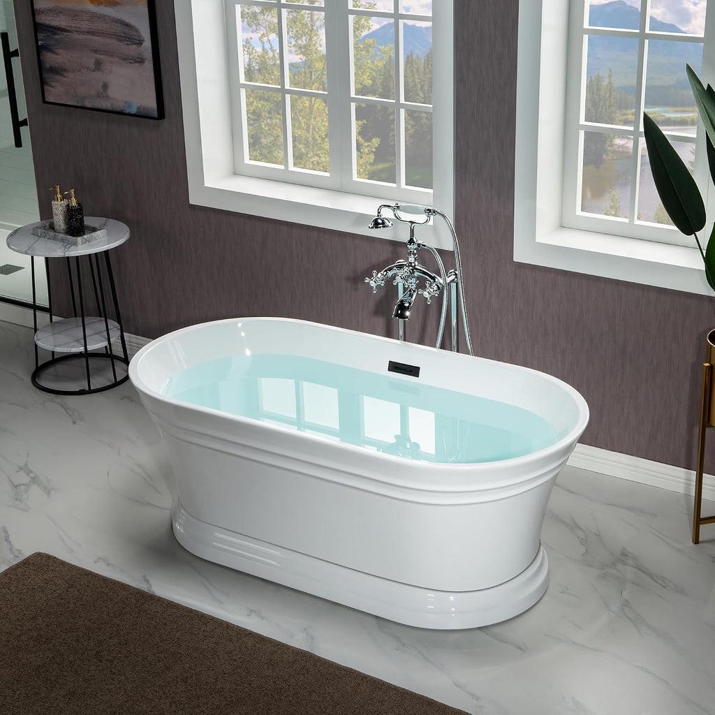 WOODBRIDGE 59'Freestanding White Acylic Soaking Bathtub with Matte Black Drain and Overflow,B1536-MB