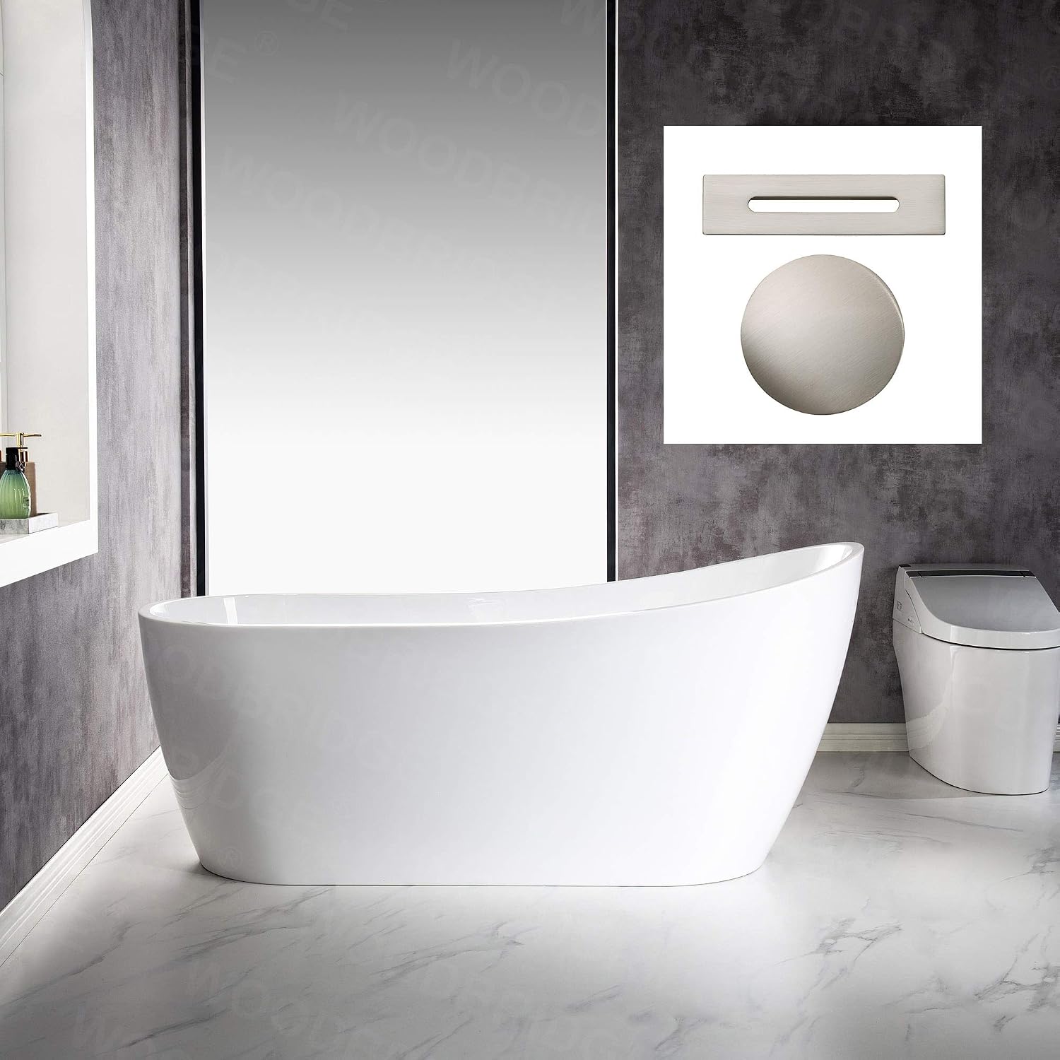 WOODBRIDGE 67'Freestanding White Acylic Soaking Bathtub with Brushed Nickel Drain and Overflow,BTA1508 -B/N-Drain &O
