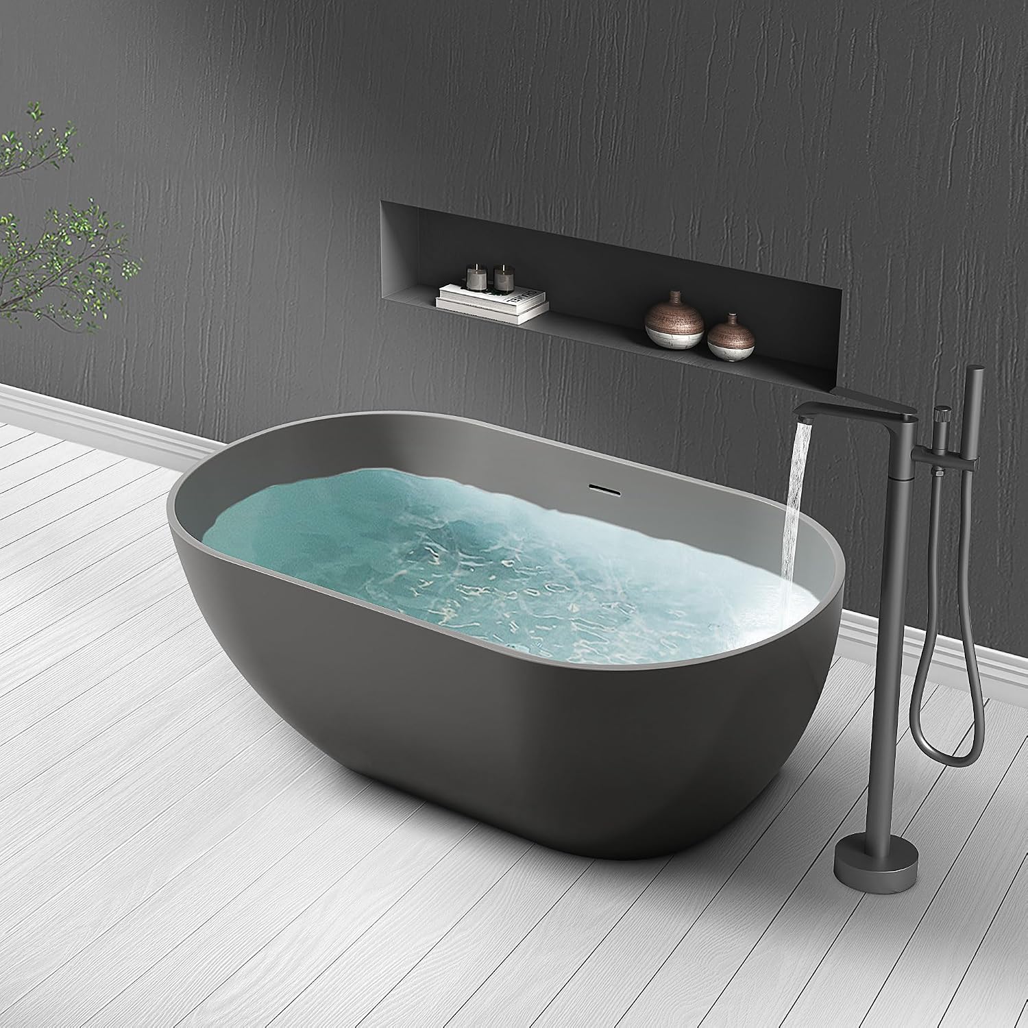 SJ STAR&JANE 59' Solid Surface Freestanding Bathtub Oval Stone Resin Soaking Tub Modern Stand Alone Tub with Overflow & Pop-up Drain for Bathrooms Dark Gray