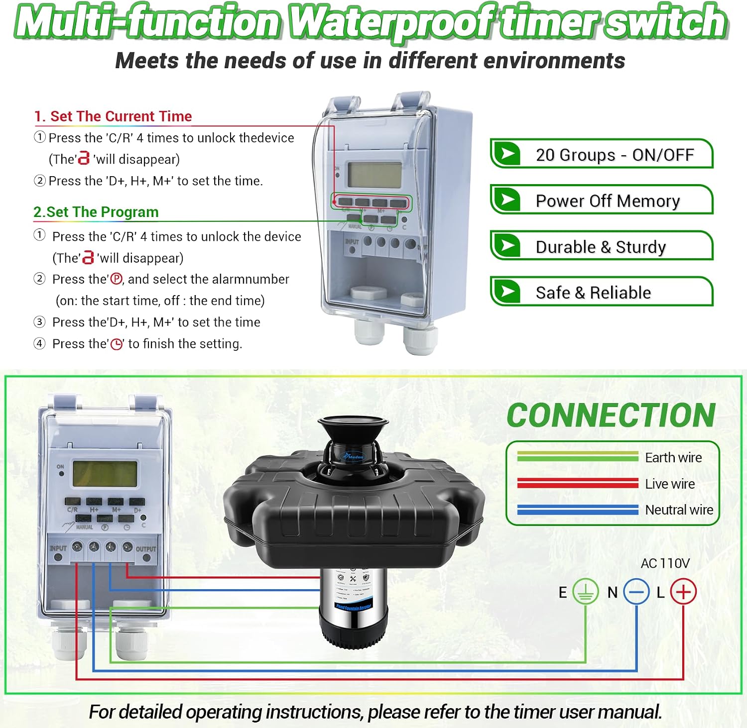 Pond Fountain Aerator, 1HP 750W Floating Fountain Aerator System for Outdoor Small Large Pond Lake, 110V 15000 GPH Fully Automatic Stainless Steel Fountain Pump with 100 Feet Power Cord