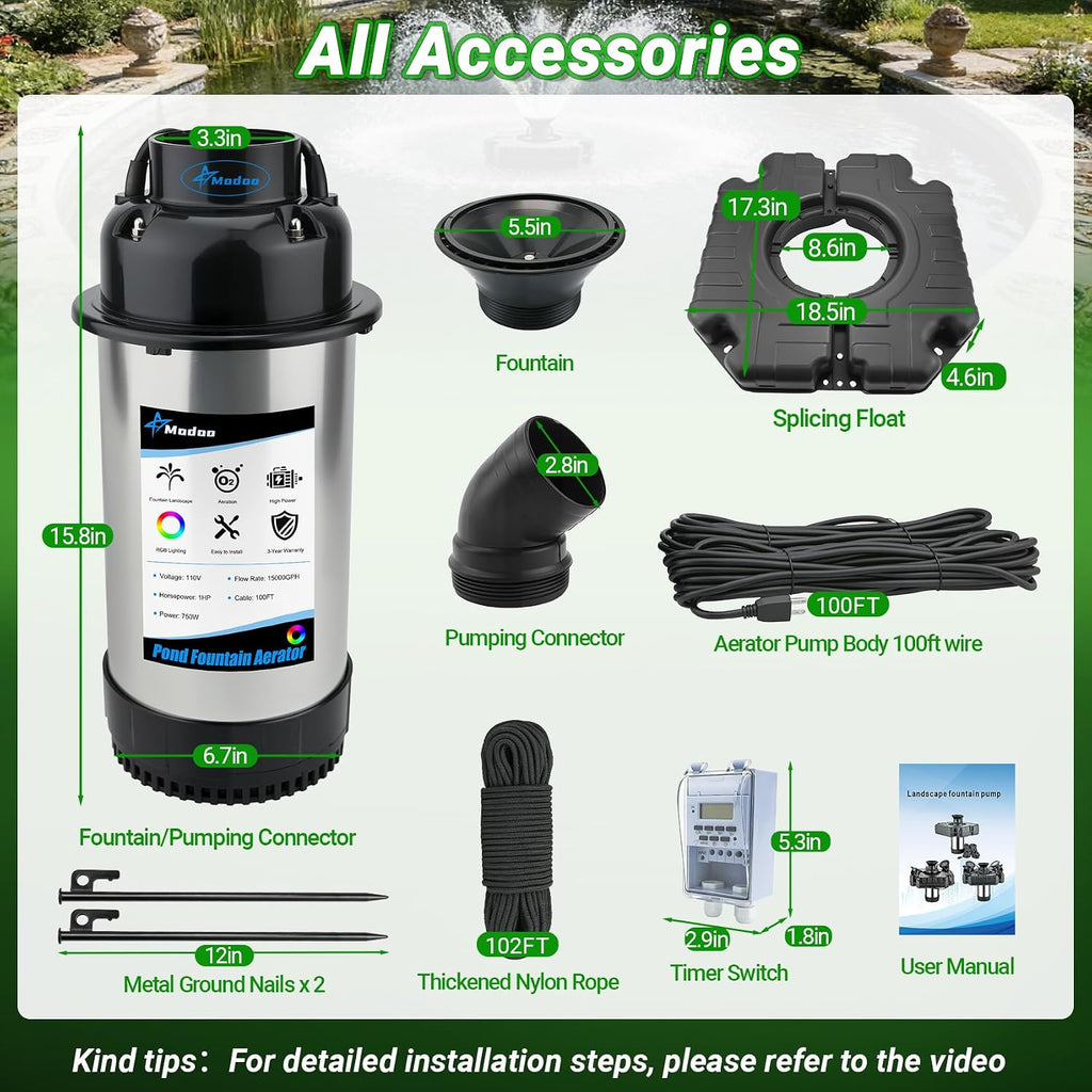 Pond Fountain Aerator, 1HP 750W Floating Fountain Aerator System for Outdoor Small Large Pond Lake, 110V 15000 GPH Fully Automatic Stainless Steel Fountain Pump with 100 Feet Power Cord