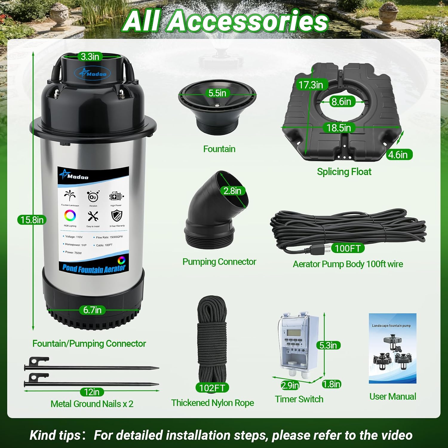 Pond Fountain Aerator, 1HP 750W Floating Fountain Aerator System for Outdoor Small Large Pond Lake, 110V 15000 GPH Fully Automatic Stainless Steel Fountain Pump with 100 Feet Power Cord