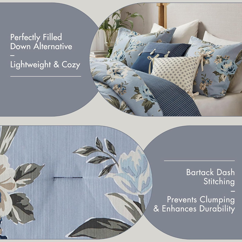 Madison Park Vintage Floral Reversible Comforters Set, Cal King Size Bed, All Season, Down Alternative Bedding Comforter, Bedskirt, Pillows, Shams, Blue 7 Piece