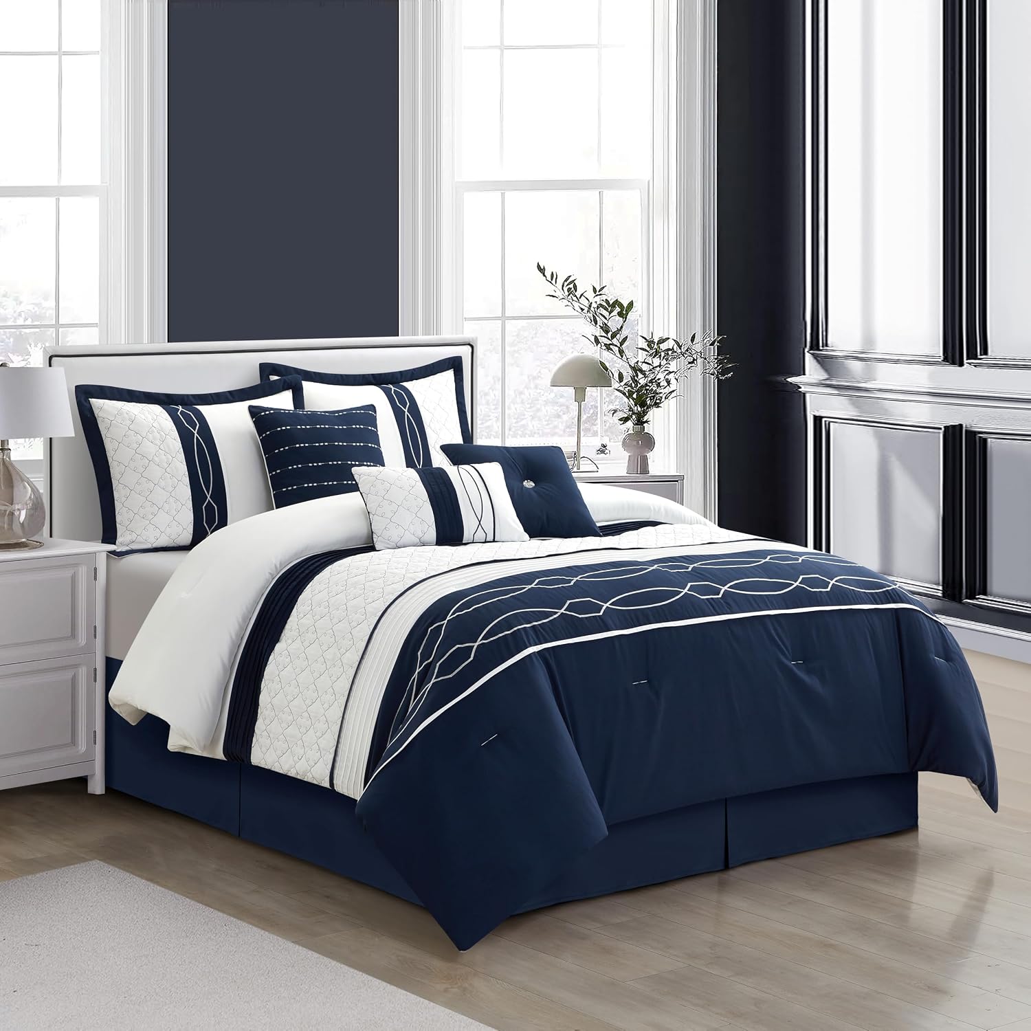 Grand Avenue Navy Geometric Comforter Set, Queen Size, 7 Piece All Season Bedding Set, Bedskirt, Pillows & Shams, Ultro-Soft Comforter, Home Decor