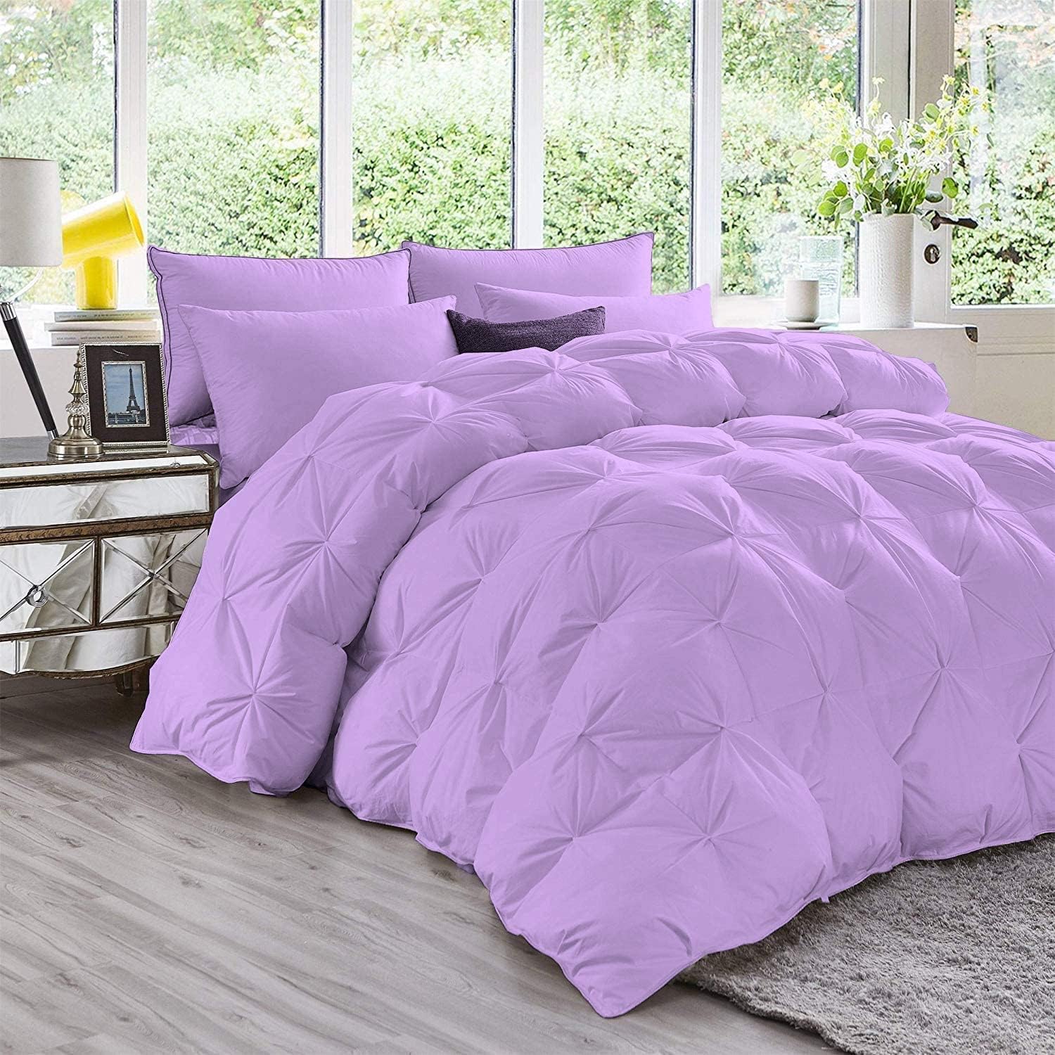 Pinch Pleated Lilac 5 Piece Soft 500 GSM California Queen Size Comforter Set (Comforter + 4 Pillowcases) 1000 Series Egyptian Cotton Comforter Set