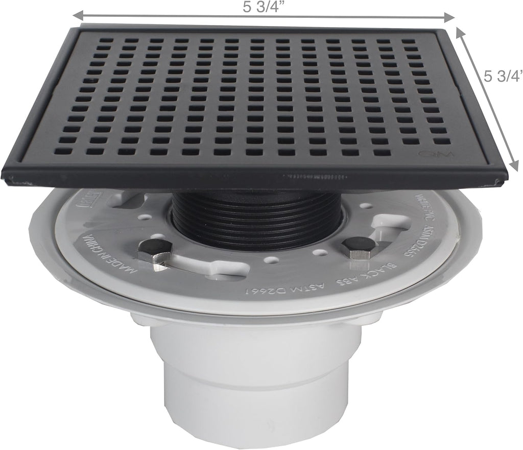 QM Square Shower Drain, Grate made of Stainless Steel Marine 316 and Base made of ABS, Lagos Series Mira Line, 5 inch 3/4, ORB/Black Finish, Kit includes Hair Trap/Strainer and Key