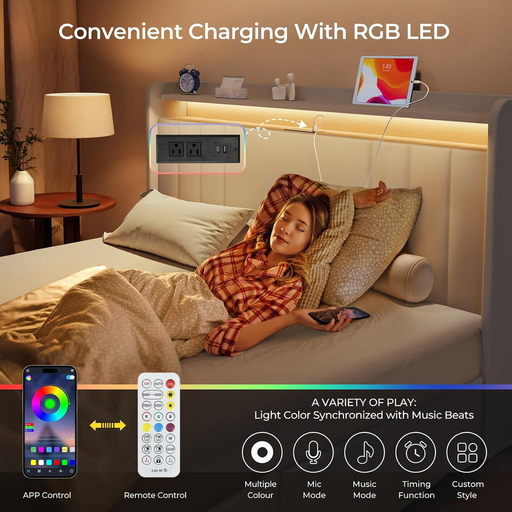 koorlian King Size Bed Frame with Storage, 51'' Tall Headboard Upholstered Platform Bed with 4 Dustproof Drawers, 2-Tier Storage Headboard Wingback, LED Light, Charging Station, Easy Assembly, White
