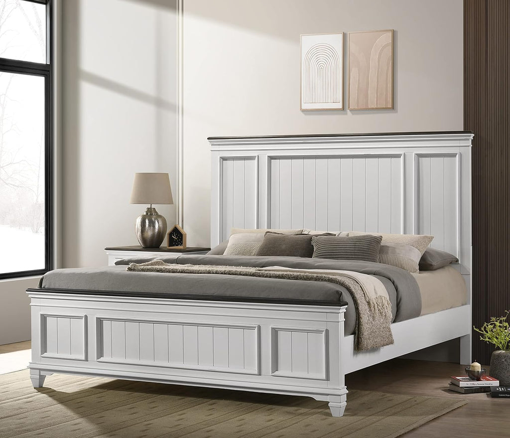 Clelane Wood Bedroom Set with Shiplap Panel King Bed, Dresser, Mirror, and Two Nightstands in Weathered White and Dark Gray
